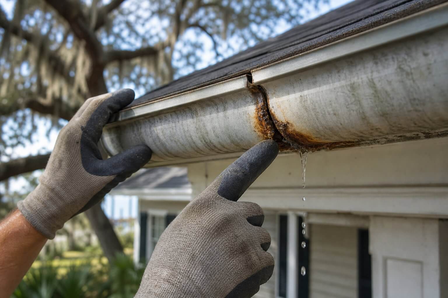 A technician inspecting a rusted, leaking seam on an old sectional gutter of a Charleston Lowcountry home, evaluating whether the gutter can be repaired or needs replacement