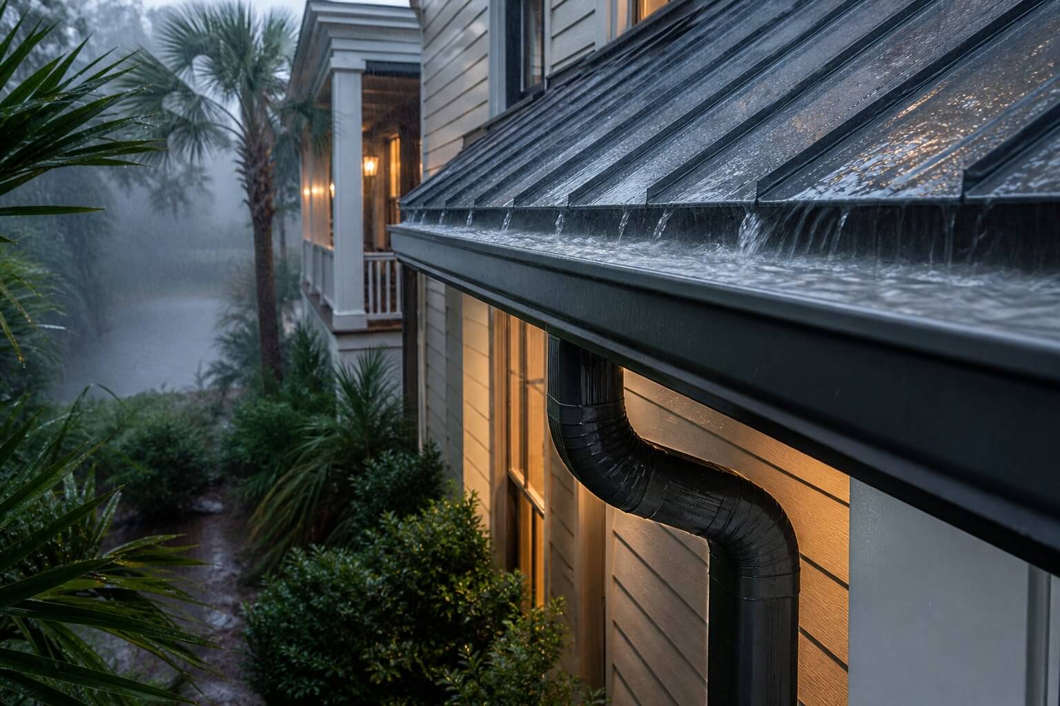 A heavy Lowcountry rainstorm hitting a modern Charleston home, with a seamless 6-inch aluminum gutter and downspout channeling water safely away from the brick foundation