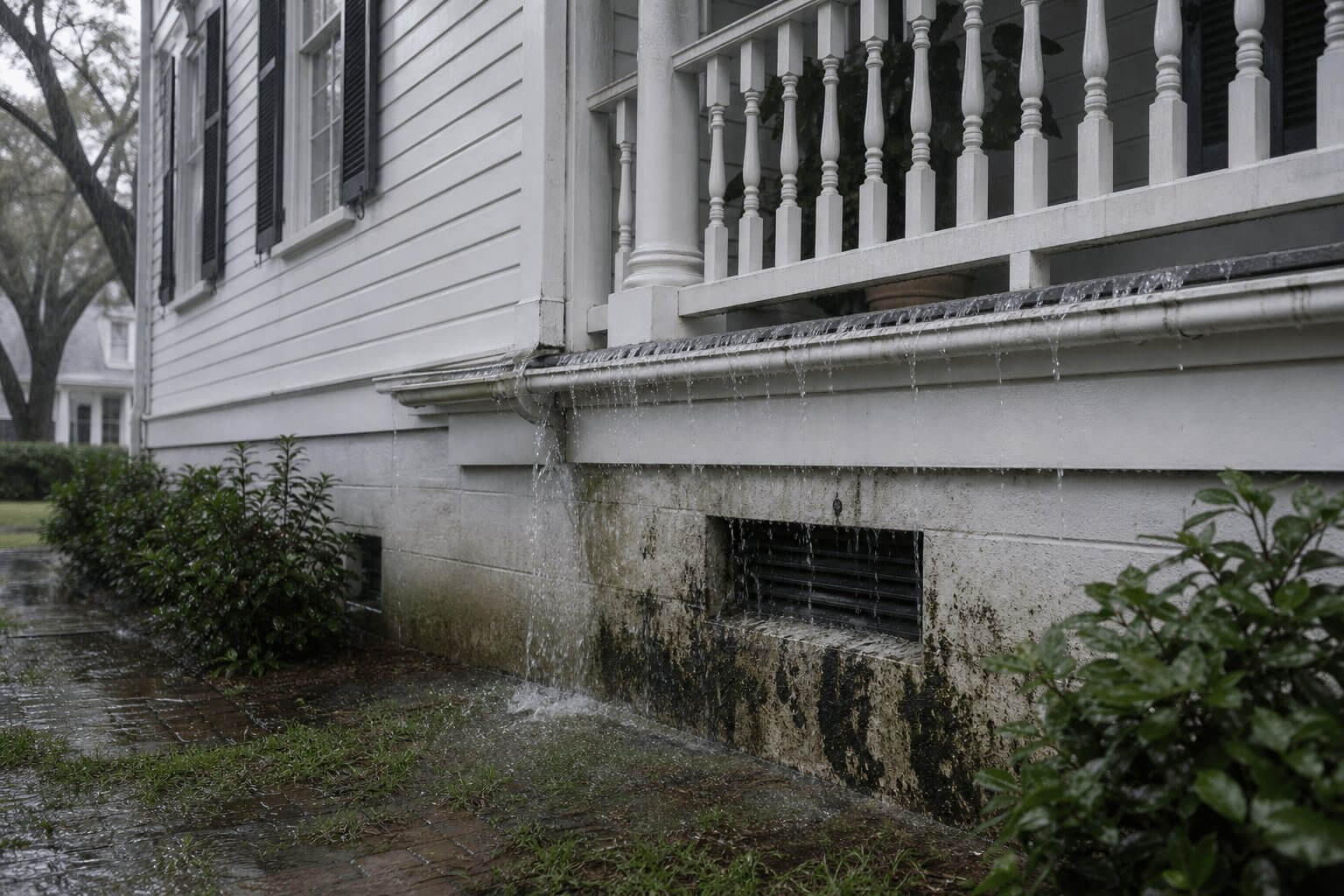 overflowing-gutters-crawlspace-moisture-mold-charleston-home Overflowing rain gutter pouring water into the crawlspace foundation of a Charleston SC home, causing moisture buildup and black mold growth on the brick foundation